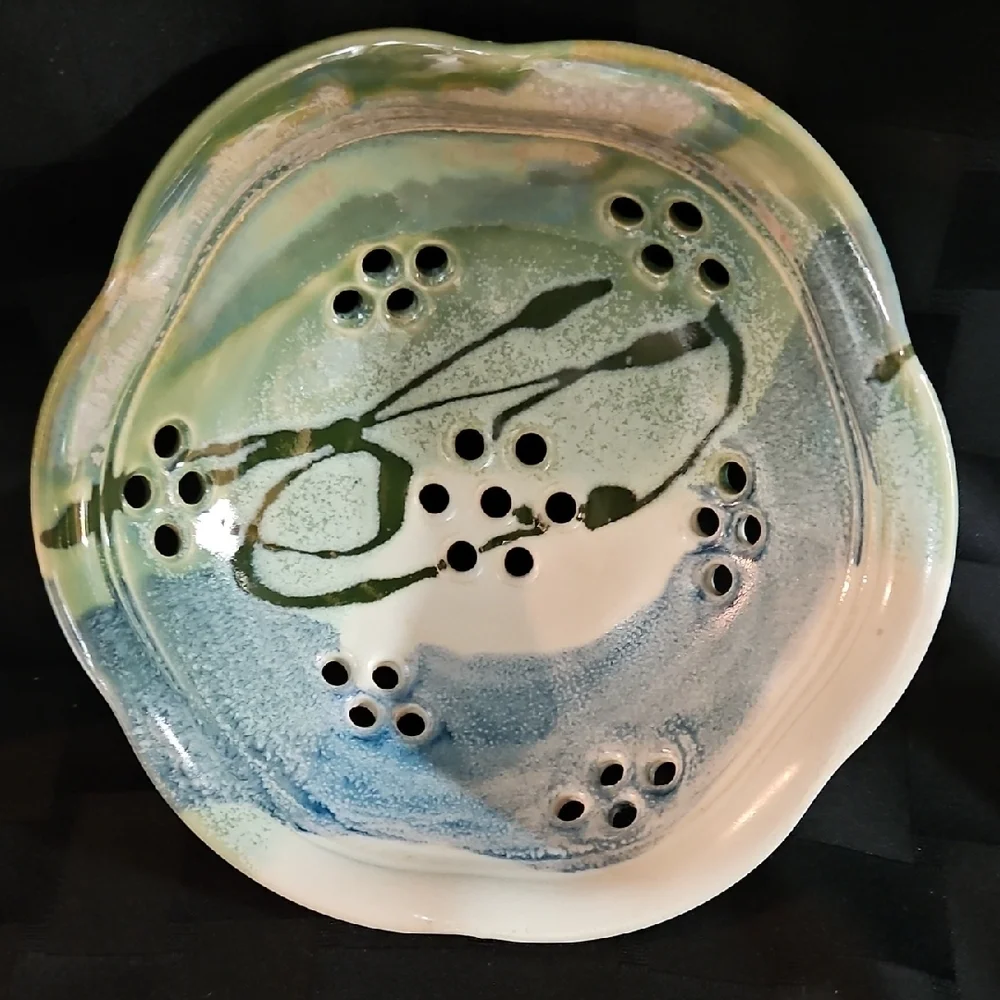 Artisan Crafted/Signed Ceramic Berry Strainer/Colander in Cream, Green and Blue